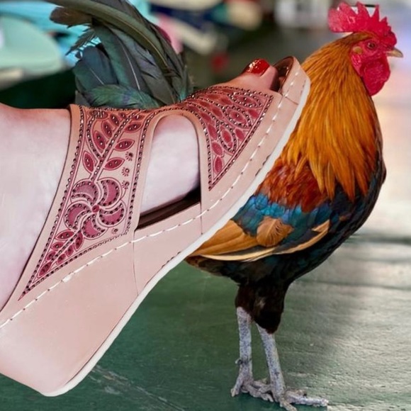 Italina Brown Floral Rhinestone Peep Wedge Sandal - Picture 2 of 14